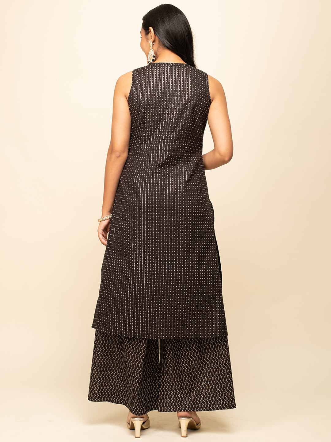 FIORRA Women's Black Lurex Cotton Straight Kurta With Palazzo And Dupatta